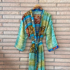 Vintage Floral Silk Sari Kimono Robe: Long Bohemian Dress
