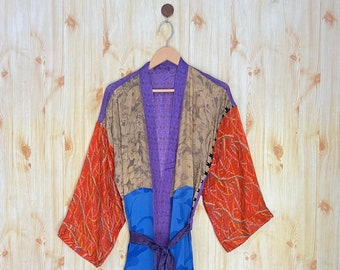 Purple and Orange Silk Sari Dress Vintage Silk Sari Kimono Dress nightdress swimwear beachwear Recycle vintage silk Sari GIFT FOR HER