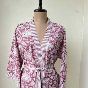 Hand Block Printed Cotton Kimono Robe - Japanese Style Dressing Gown