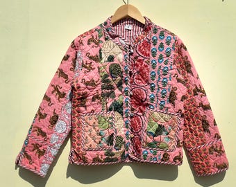 Handmade Indian Patchwork Cotton Quilted Jacket: Reversible Boho Coat