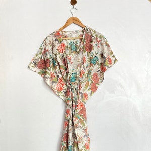Floral Indian Cotton Kaftan: Green Maxi Dress, Plus Size Beach Cover-Up