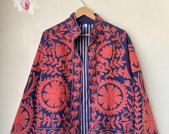 Indian Suzani Embroidery Jacket, Cotton Suzani Coat, Winter Wear Jacket Coat, Suzani Short Jacket, Hand Embroidered Jacket For Women