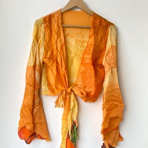 Handmade Crepe Silk Crop Top: Boho Bell Sleeve Tie Top