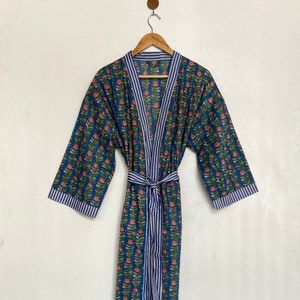 Floral Cotton Kimono Robe: Hand Block Print Lounge Wear - Plus Size