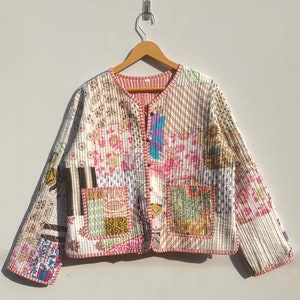 Veste Kantha en coton faite main : manteau matelassé en patchwork blanc
