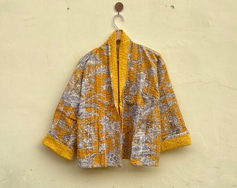 Handmade Kantha Quilted Short Kimono Jacket: Floral Cotton Robe