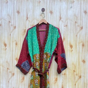 Vintage Indian Silk Kimono Robe: Colorful Sari Fabric, Beach Coverup