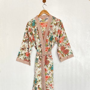 Floral Cotton Kimono Robe: Hand Block Print, Plus Size Caftan