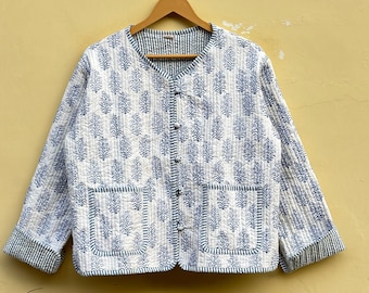 Hand Block Print Jacket, White And Blue Leaf Print Jacket, Quilted Jacket Coat Jacket, Cotton Sari  Coat, Short Jacket, Jacket With Pocket