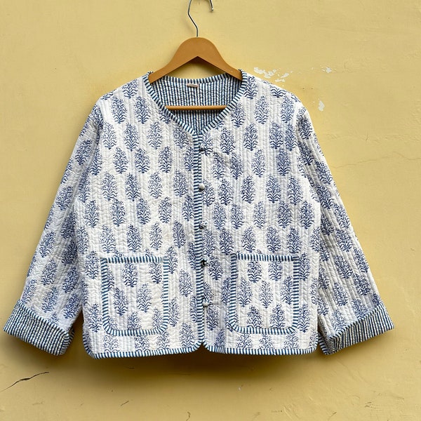 Hand Block Print Jacket, White And Blue Leaf Print Jacket, Quilted Jacket Coat Jacket, Cotton Sari  Coat, Short Jacket, Jacket With Pocket