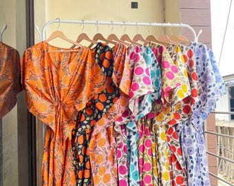 Pure Cotton Kaftan Dress, Hand Block Print Long Kaftan, Drawstring Beach Cover Up, Boho Lounge Dress for Women’s, Summer Outfits