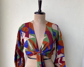 Silk Top For Women, Silk Tie Top, Bell Sleeve Top, Indian Vintage Silk Sari Top, Summer Crop Top, Full Sleeves Top, Beach Wear Tie Tops