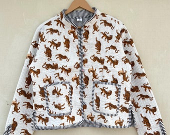 Reversible Quilted Cotton Jacket: White Tiger Print, Hand Block Print