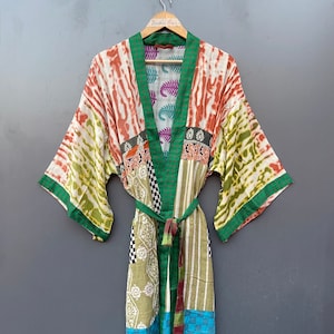 Vintage Cotton Saree Kimono: Unique Patchwork Robe