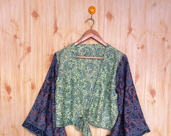 Handmade Silk Boho Crop Top: Bell Sleeves Wrap Top