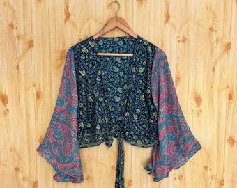 Vintage Silk Sari Crop Top: Handmade Bell Sleeve Tie Top