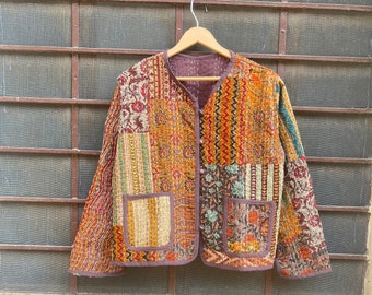 Veste kantha marron faite main en patchwork, veste florale en coton cousue à la main, manteau sari kantha en coton, veste courte