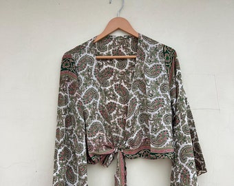 Handmade Silk Tie Crop Top: Boho Bell Sleeve Wrap