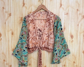 Vintage Recycled Silk Crop Top: Handmade Bell Sleeve Tie Top