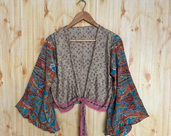 Vintage Silk Sari Crop Top: Handmade Bell Sleeve Tie Top