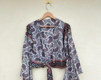 Handmade Silk Sari Crop Top: Vintage Boho Bell Sleeve Tie Top, Lightweight V-Neck Women's Cardigan, Beach Cover Up.