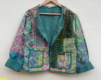 Chaqueta patchwork hecha a mano, chaqueta saree de seda vintage cosida a mano Chaqueta patchwork Algodón Sari Kantha Abrigo, Corto