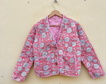 Sunflower Print Quilted Kimono Jacket - Boho Pink Cotton Coat