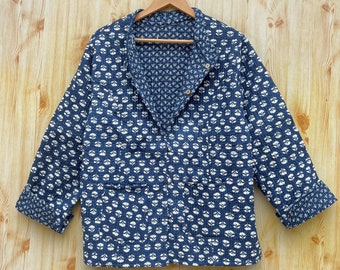 Indigo Quilted Cotton Jacket: Reversible Vintage Style Blazer