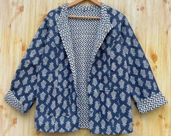 Reversible jacket Kantha jacket Indian handmade  Cotton jacket Blue Indigo jacket for women Vintage jacket Petch work jacket