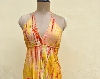 Tie Dye Silk Halter Dress: Vintage Indian Crepe Silk, Summer Beachwear
