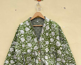 Green Sunflower Block Printed Burfi Quilted  Jacket Boho Short coat , Kimono style Jacket