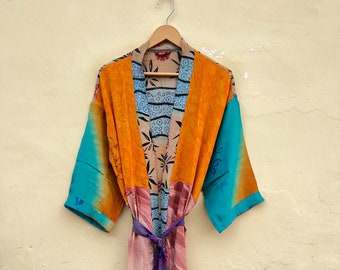 Multicoloured Indian Handmade Vintage Silk Recycled Kimono With Belt , New Collection , Beachwear , Bathrobe , Gift For Her