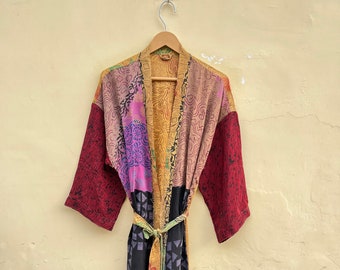 Silk kimono robe bohome, Gold plus size dressing gown woman, Long satin honeymoon robe Unique Colour Kimono Stylish look India Soft Fabric