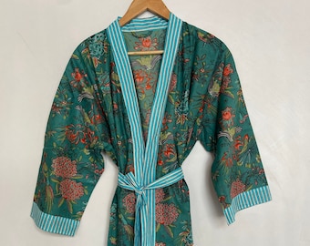 Dark Green Cotton Kimono Robes, Pure cotton kimono, Women's Clothing, Beach Cover Up, Bikini Warp Up, Gifts For Her
