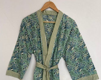 Hand Block Printed Cotton Kimono Robe: Floral Bath Robe, Plus Size