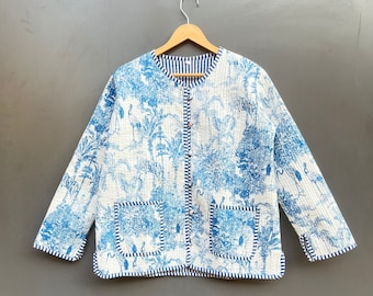 Veste matelassée bleue et blanche Les femmes portent une tuyauterie rayée Veste matelassée vintage faite à la main, Manteaux, Nouveau style, Boho double usure latérale