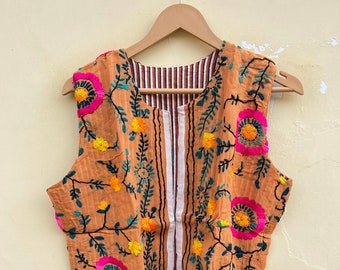 Perzik jas dames gilet Boho jas traditionele jas dames Kotti jas geborduurd jas Indiase jas dames