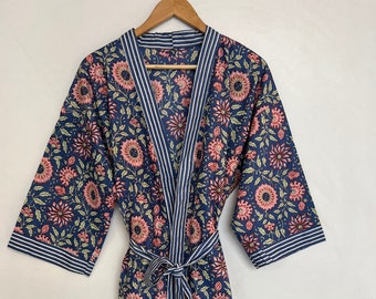 Robe de chambre pour dames Kimono bleu - Peignoir yukata en coton respirant 100% léger imprimé à la main pour femme - Robe légère Boho pour femmes