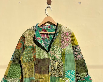 Veste en coton matelassée patchwork réversible fait main