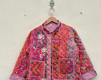 Handgefertigte Kantha-Jacke aus Baumwolle, Steppjacke, handgefertigte Vintage-Steppjacke, Mäntel, neuer Stil, Boho-Pfirsich-Regenbogen