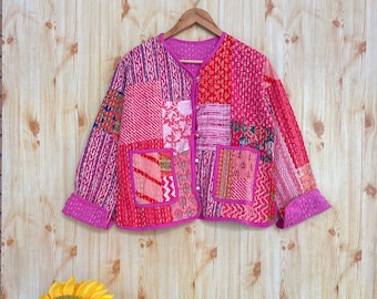 veste kantha en coton faite à la main veste matelassée HandMade vintage Quilted Jacket , Manteaux , New Style, Boho Pink Rainbow