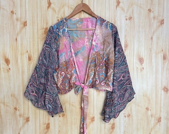 Vintage zijden crop-top: handgemaakte Indiase striktop met klokmouwen