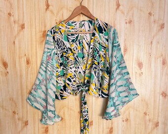 Silk Sari Crop Top: Boho Bell Sleeve Tie Top