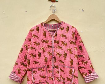 Veste matelassée en coton réversible à imprimé tigre rose, imprimé blocs à main, veste faite main, manteau court, veste indienne en coton imprimée