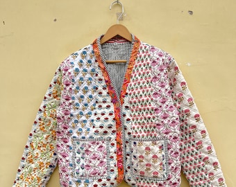 White Printed Burfi Quilted Vintage Jacket Boho Short coat , Kimono style Jacket