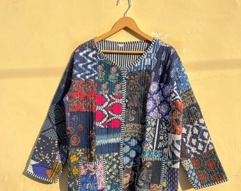cotton patch work long wear jacket Cotton Quilted Jacket Women Wear Front Open Kimono Stripe piping HandMade, Blue Vintage