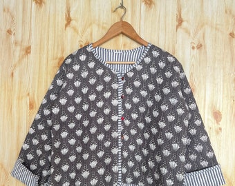 Indische Handgemachte Vintage Steppjacke, Mäntel, neuer Stil, Boho, Baumwolljacke Kurze Baumwolljacke Kurze Weiße Blume und Graues Blatt, Graue Streifenpaspelierung