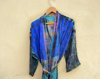 Blue tie dye kimono, boho kimono robe, hippie robe, beach coverup, holiday outfit, long kimono robe gift for her