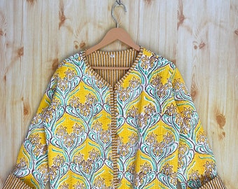 Gelbe Blockprint-Jacke, Boho Mantel, Kurze Jacke, New Style, Party Wear Stilvolle Block Print Streifen Paspel Mantel, Damen Kleidung
