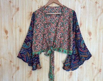 Vintage Silk Crop Top: Handmade Bell Sleeve Tie Top